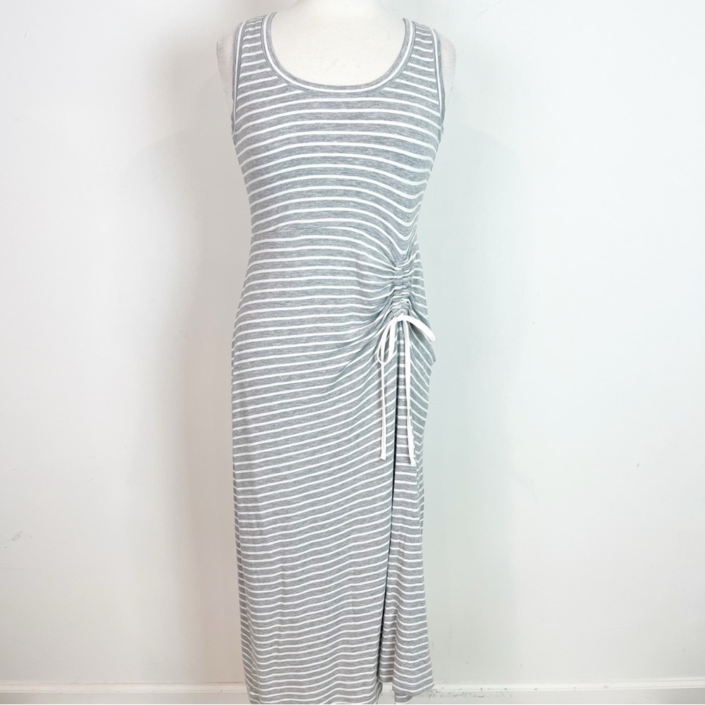CABI EASY STRIPE MIDI DRESS GRAY WHITE SLEEVELESS CINCH TIE DRESS SMALL